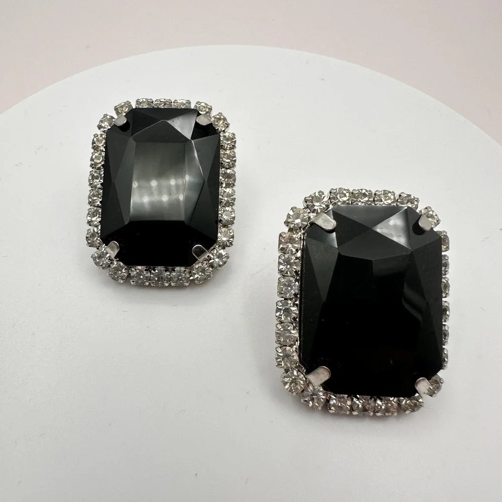 Vintage 90s Silver Tone Black Onyx Clear Rhinestone Stud Earrings Jewelry
